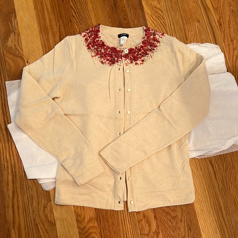 J Crew coral embellished merino wool cardigan